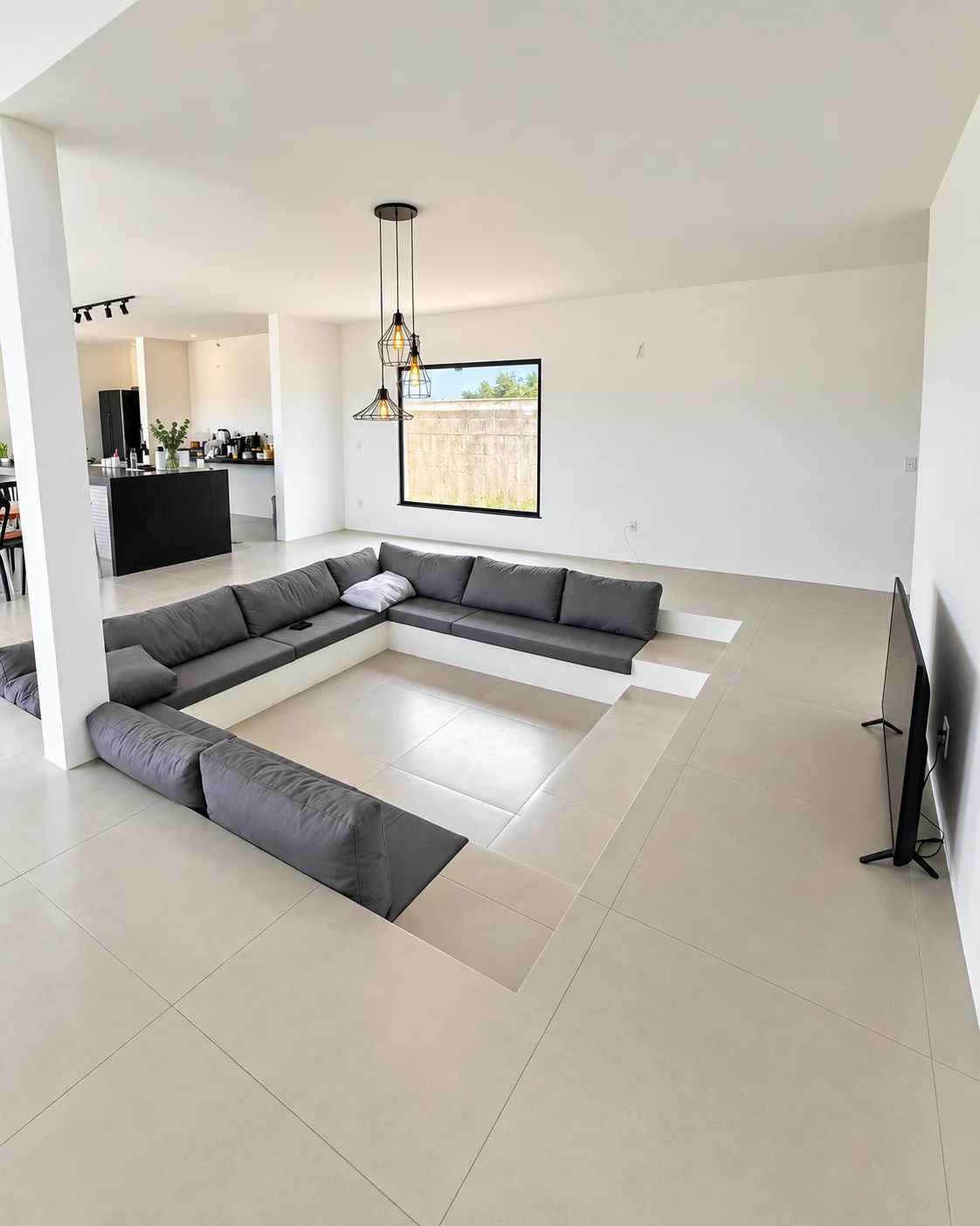 Sala de convivência com sofá rebaixado